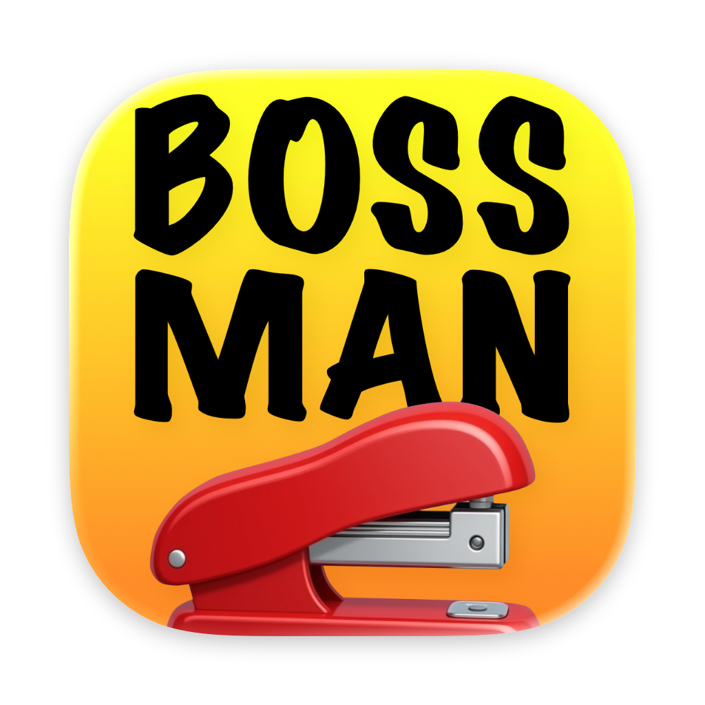 Boss-Man app icon: yellow gradient background with BOSS MAN text and red stapler, inspired by the Office Space red stapler