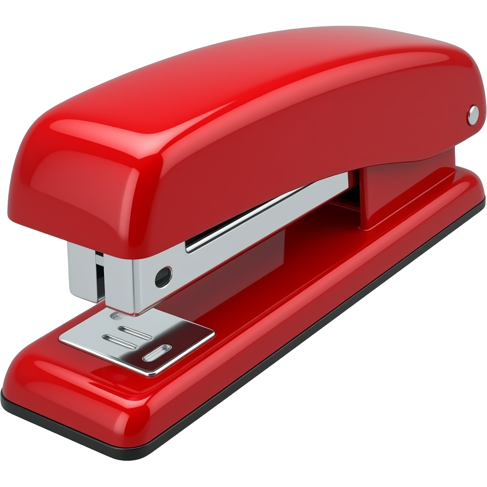 Shiny red stapler angled view: a gleaming Office Space-style red stapler, the symbol of workplace rebellion in both the film Office Space and the Boss-Man arcade game